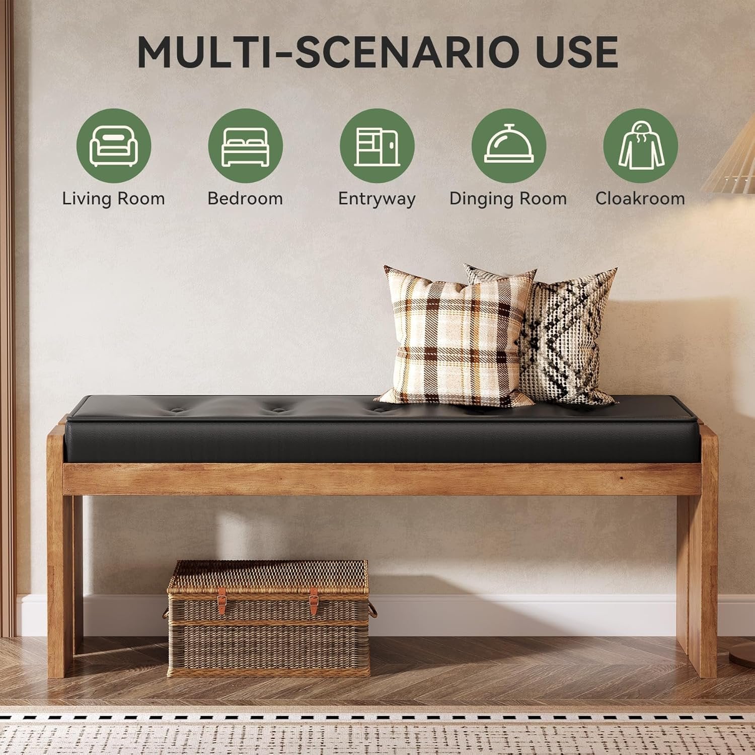 47" Wood Dining Bench, Modern Kitchen Table Bench with Button-Tufted Leather Pad