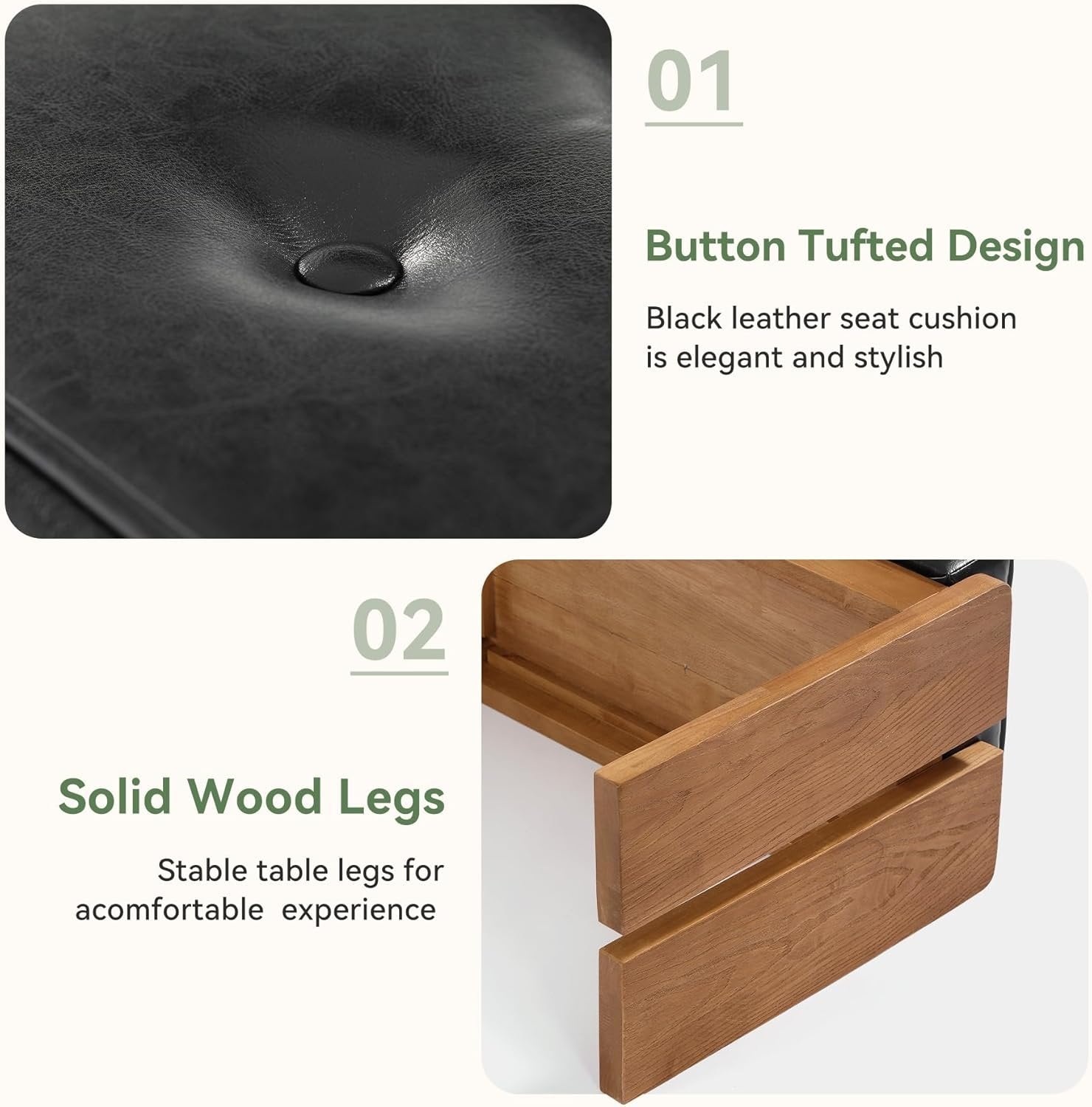 47" Wood Dining Bench, Modern Kitchen Table Bench with Button-Tufted Leather Pad