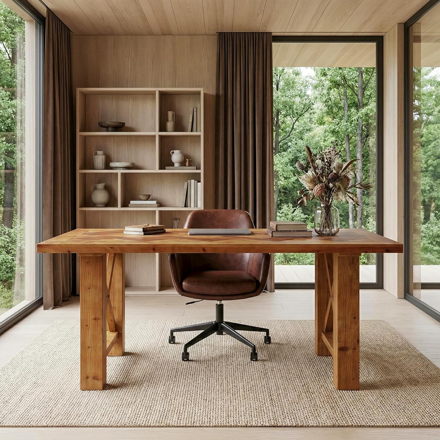 Solid Wood Computer Desk, 63" Executive Office Desk with Parquet Top