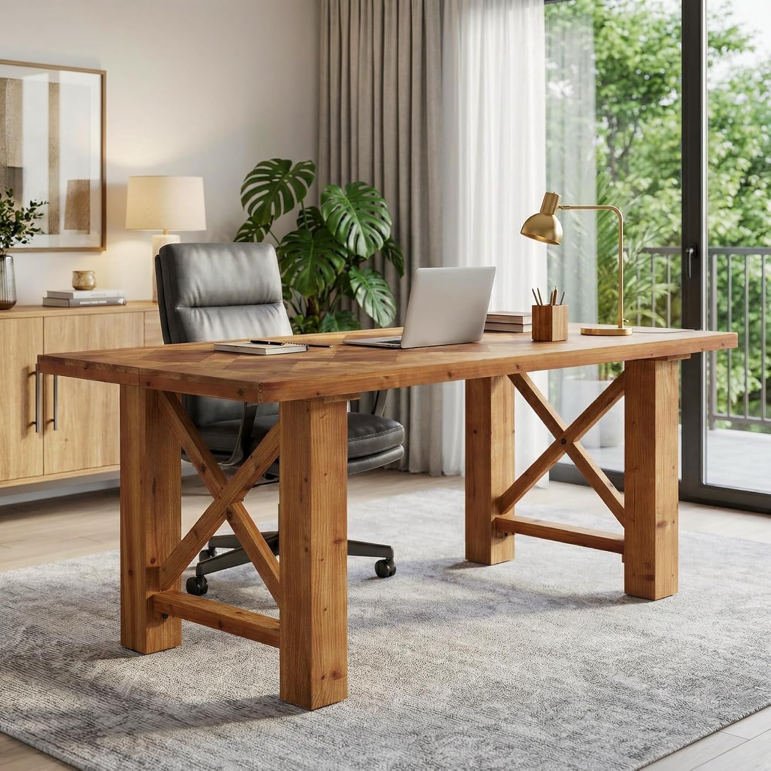 Solid Wood Computer Desk, 63" Executive Office Desk with Parquet Top