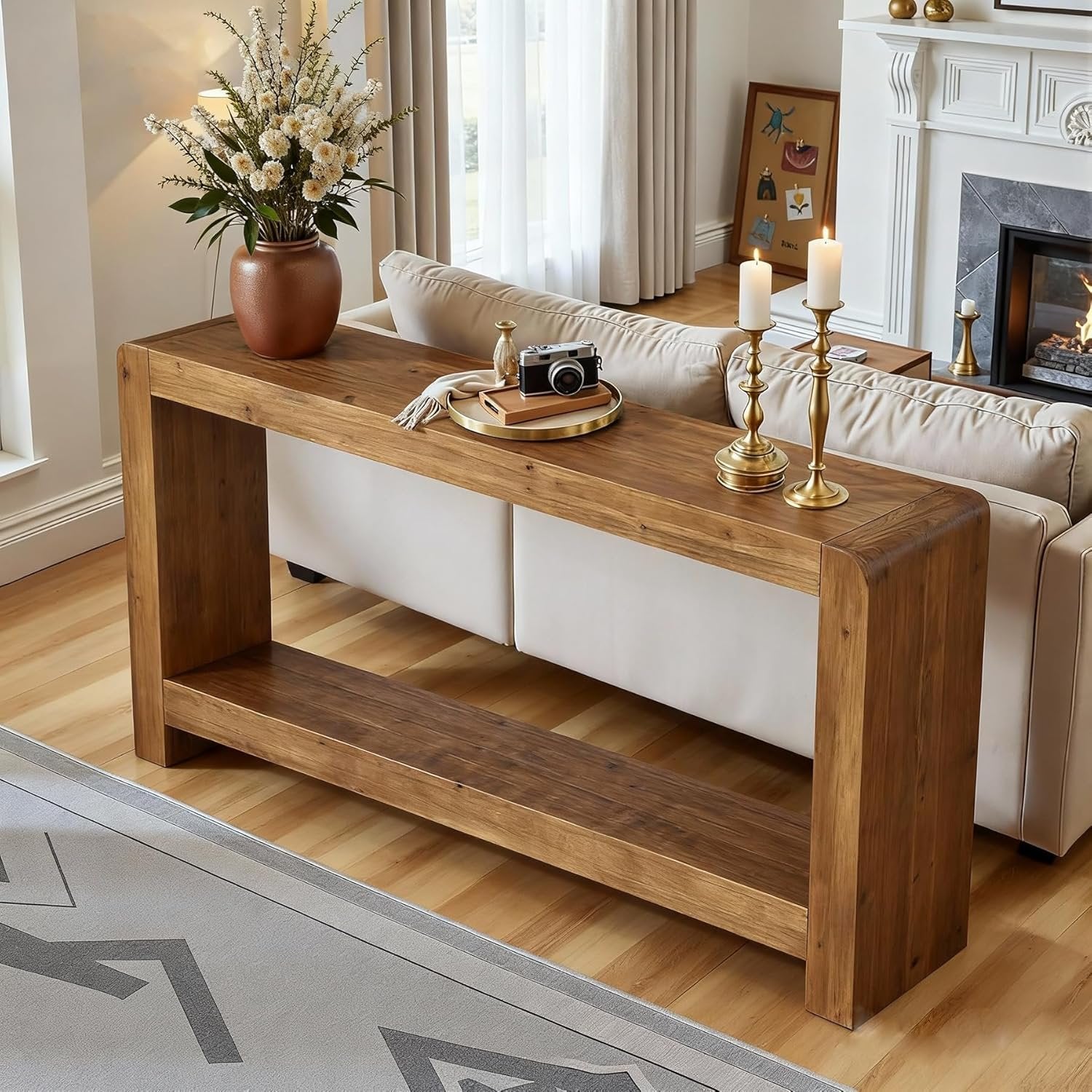 63" Solid Wood Console Table with Storage, 2-Tier Farmhouse Entryway Sofa Table