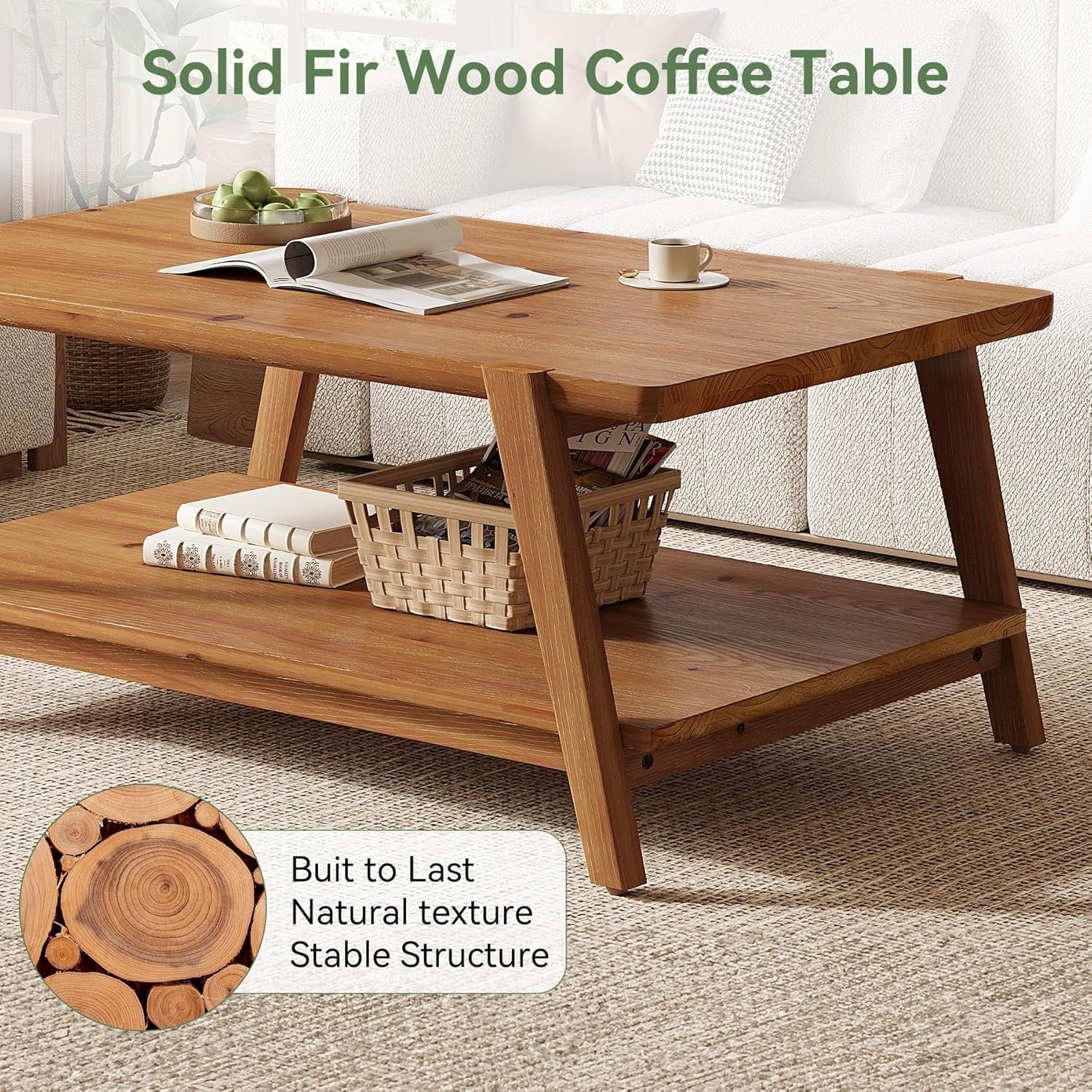 47" Farmhouse Coffee Table, 2-Tier Wood Rectangular Accent Center Cocktail Tea Table