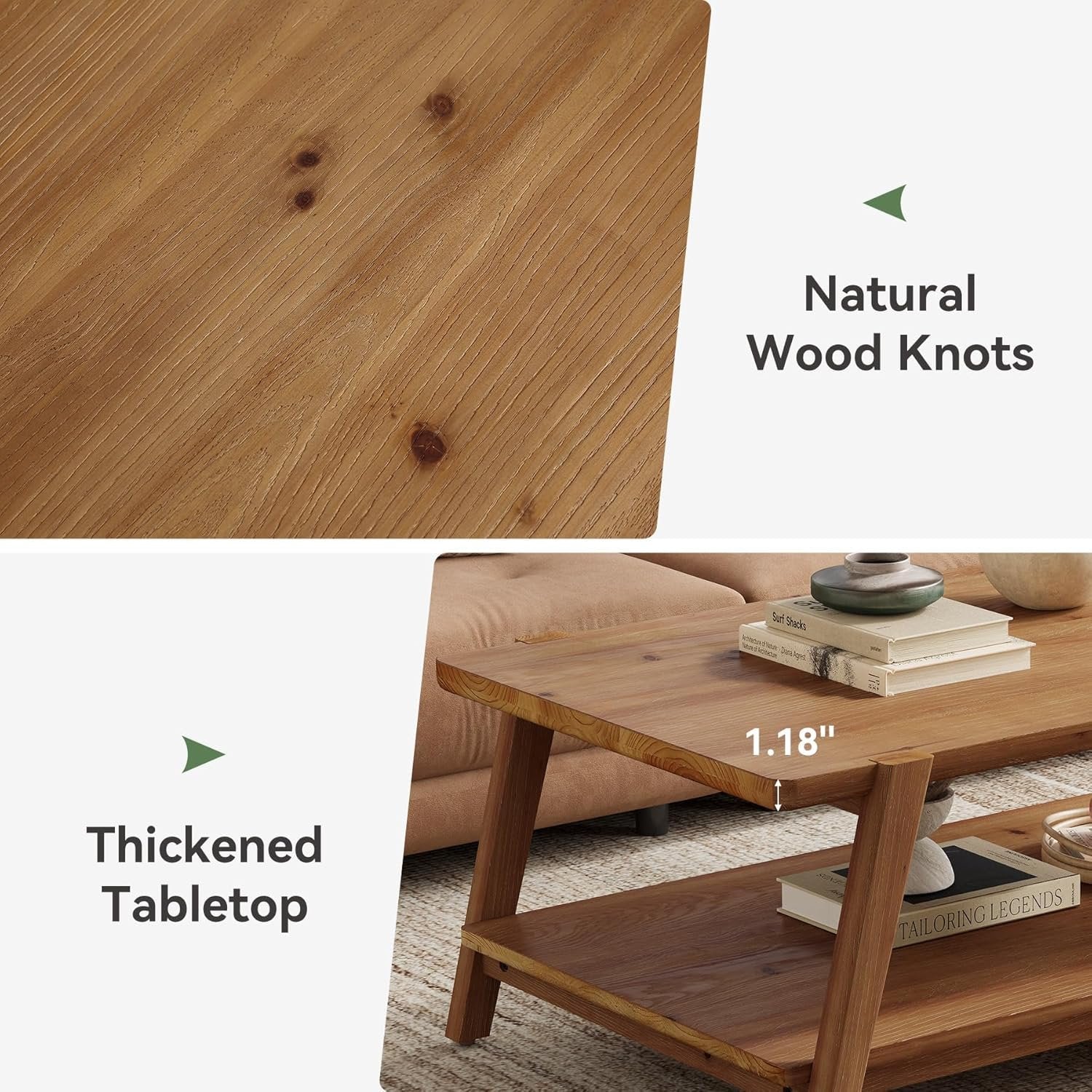 47" Farmhouse Coffee Table, 2-Tier Wood Rectangular Accent Center Cocktail Tea Table