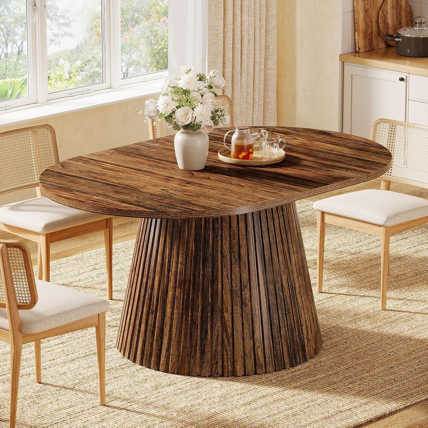 59" Oval Dining Table, Wooden Kitchen Dinner Table with Heavy Pedestal for 4-6 People