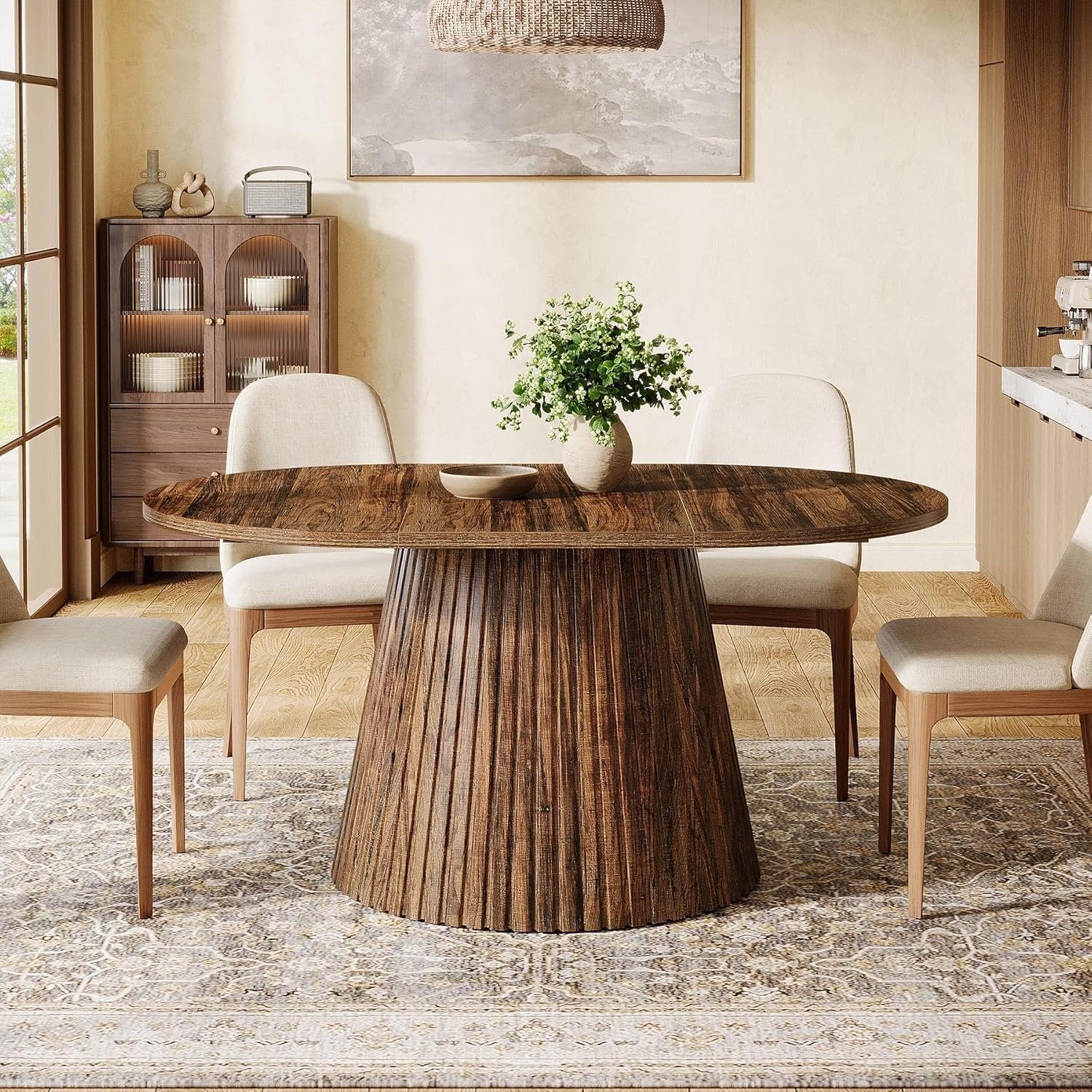 59" Oval Dining Table, Wooden Kitchen Dinner Table with Heavy Pedestal for 4-6 People