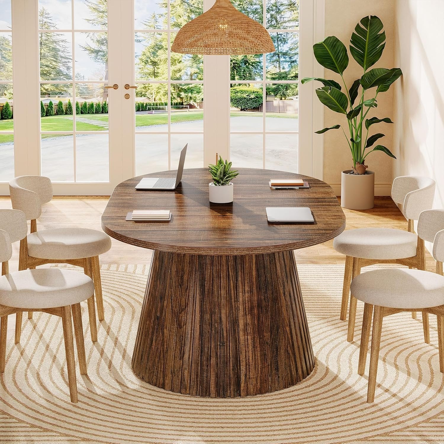 59" Oval Dining Table, Wooden Kitchen Dinner Table with Heavy Pedestal for 4-6 People