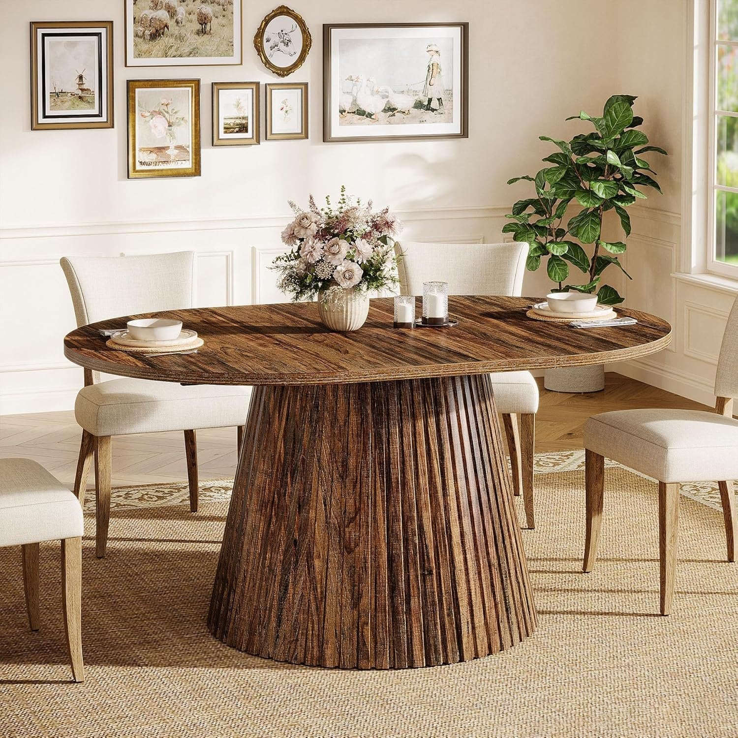 59" Oval Dining Table, Wooden Kitchen Dinner Table with Heavy Pedestal for 4-6 People