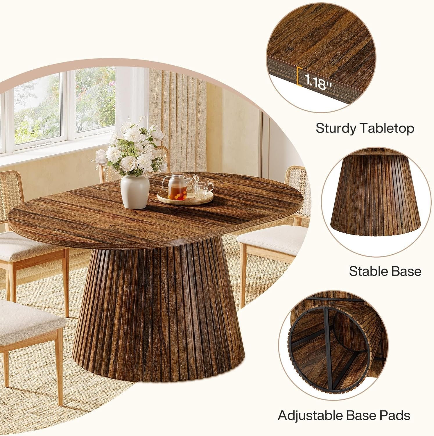 59" Oval Dining Table, Wooden Kitchen Dinner Table with Heavy Pedestal for 4-6 People