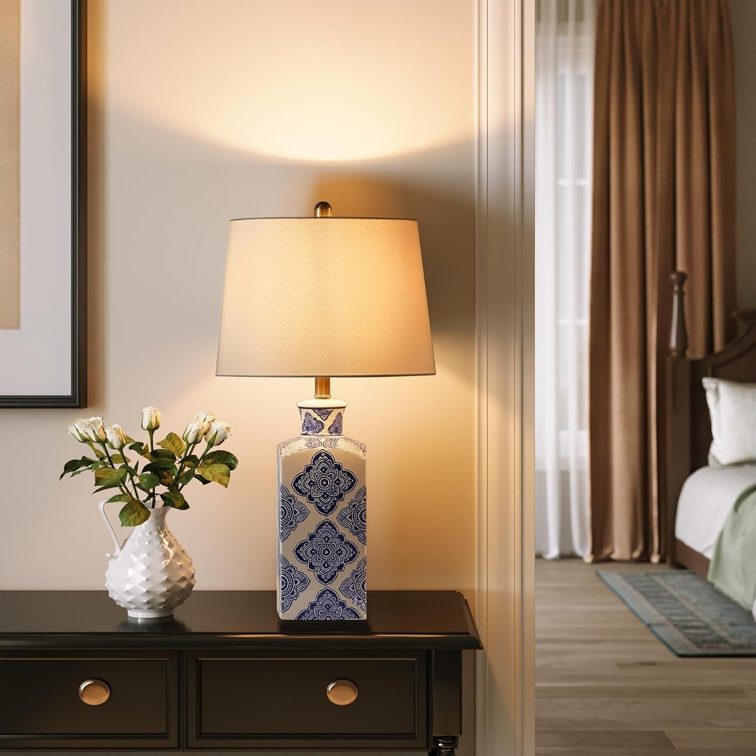 27" Chinoiserie Ceramic Table Lamp, Lighting Fixture with Ceramic Base