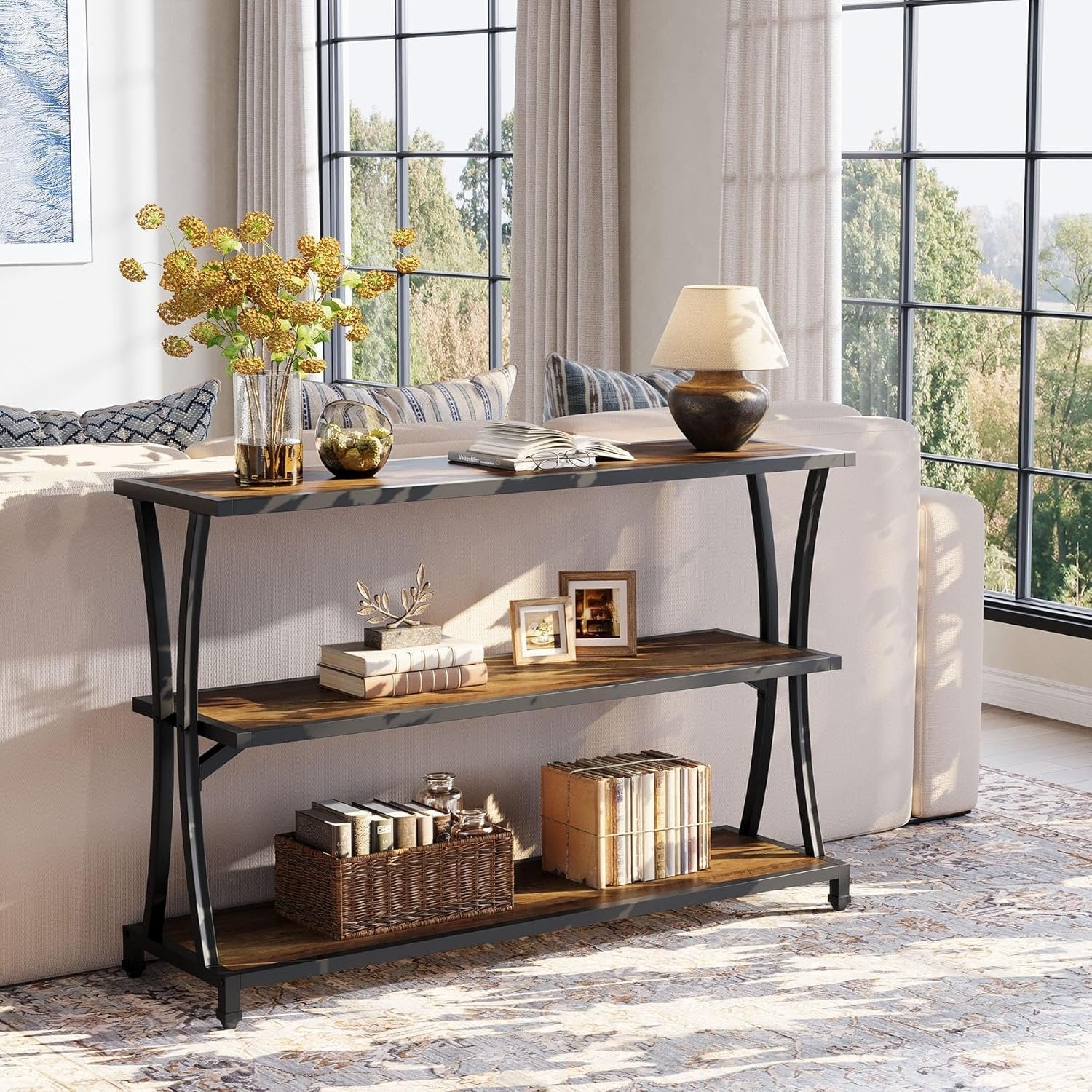 3-Tier Industrial Entryway Console Table, Narrow Sofa Table with Open Storage