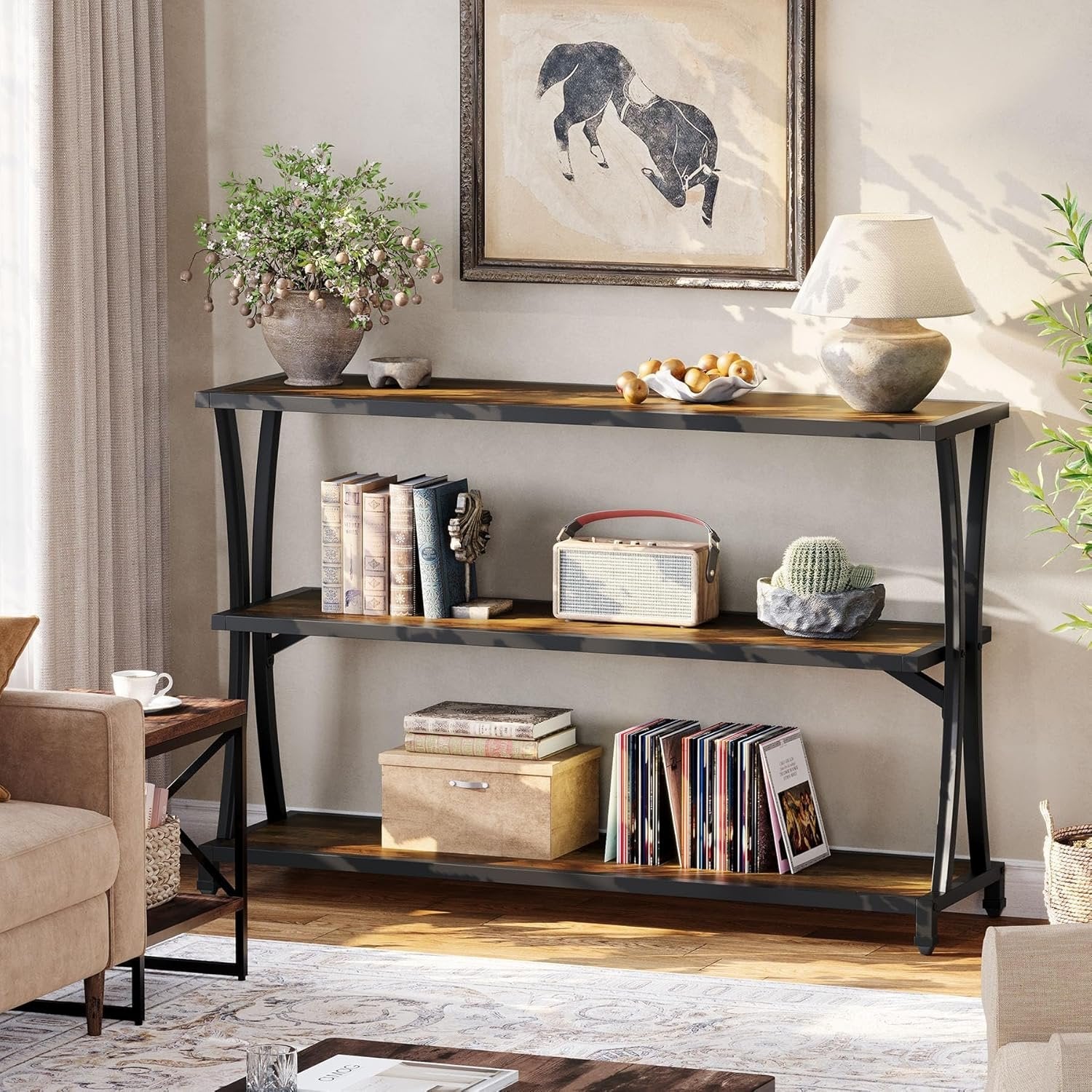 3-Tier Industrial Entryway Console Table, Narrow Sofa Table with Open Storage