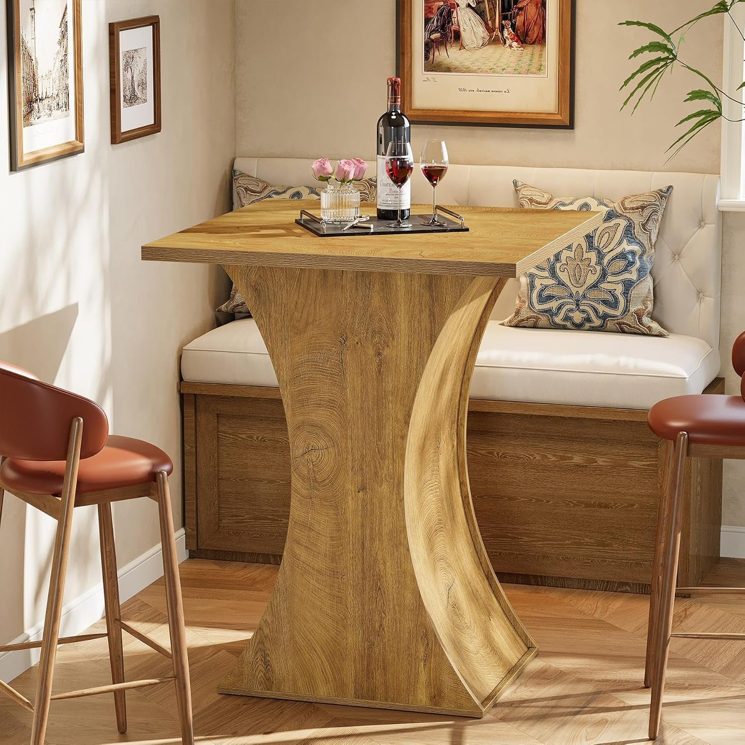 39.4" H Square Bar Table, Farmhouse Pub Cocktail Table with Curved Profile