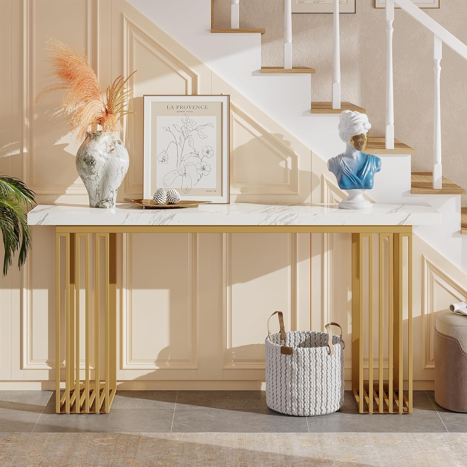 63" Modern Console Table, Narrow Sofa Table with Faux Marble Top for Entryway