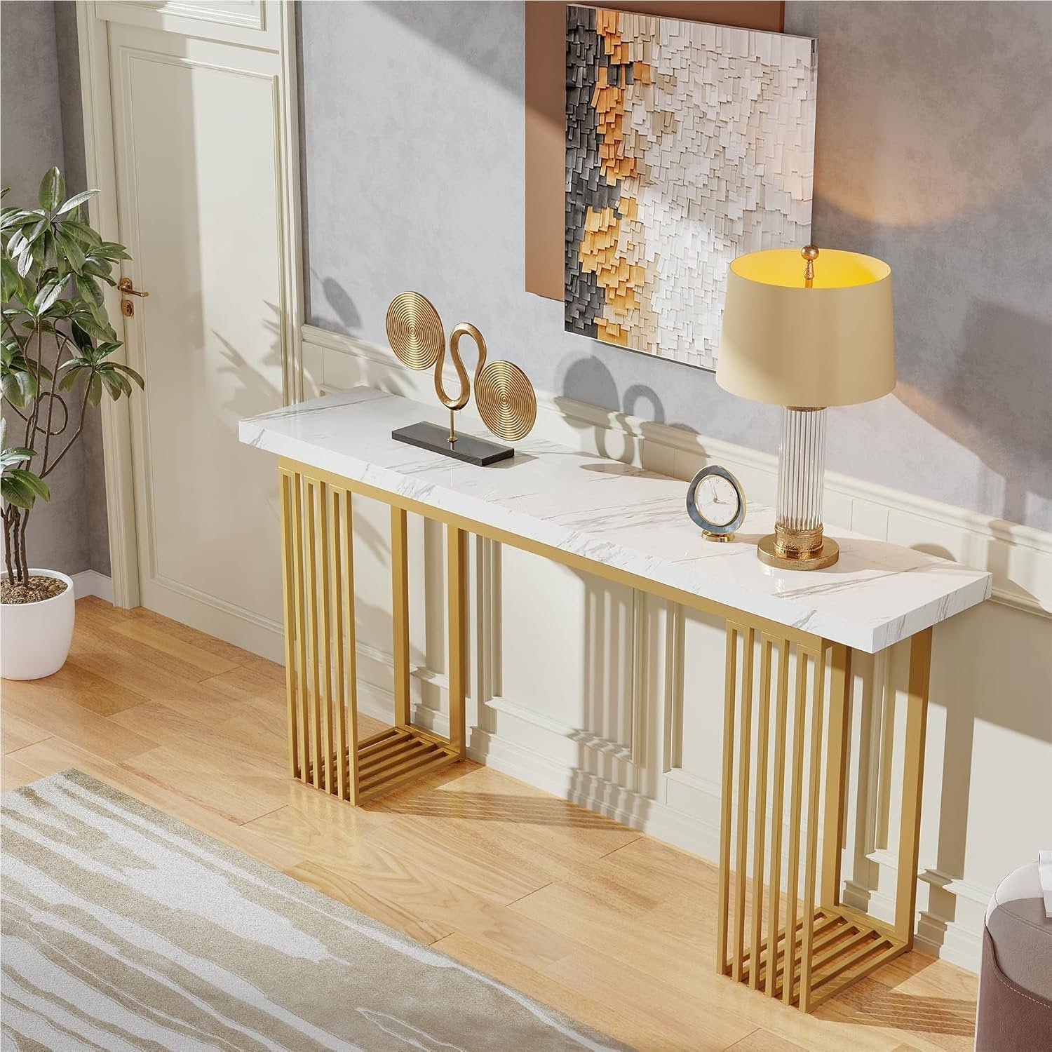 63" Modern Console Table, Narrow Sofa Table with Faux Marble Top for Entryway