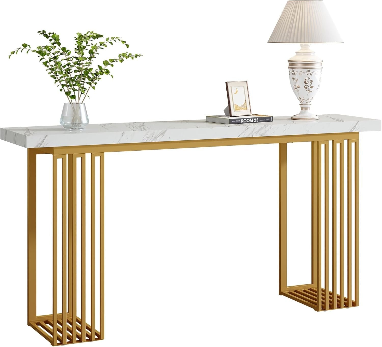 63" Modern Console Table, Narrow Sofa Table with Faux Marble Top for Entryway