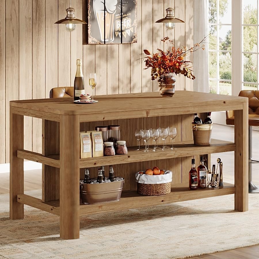 Solid Wood Bar Table, 63" Counter Height Pub Table with Storage Shelves