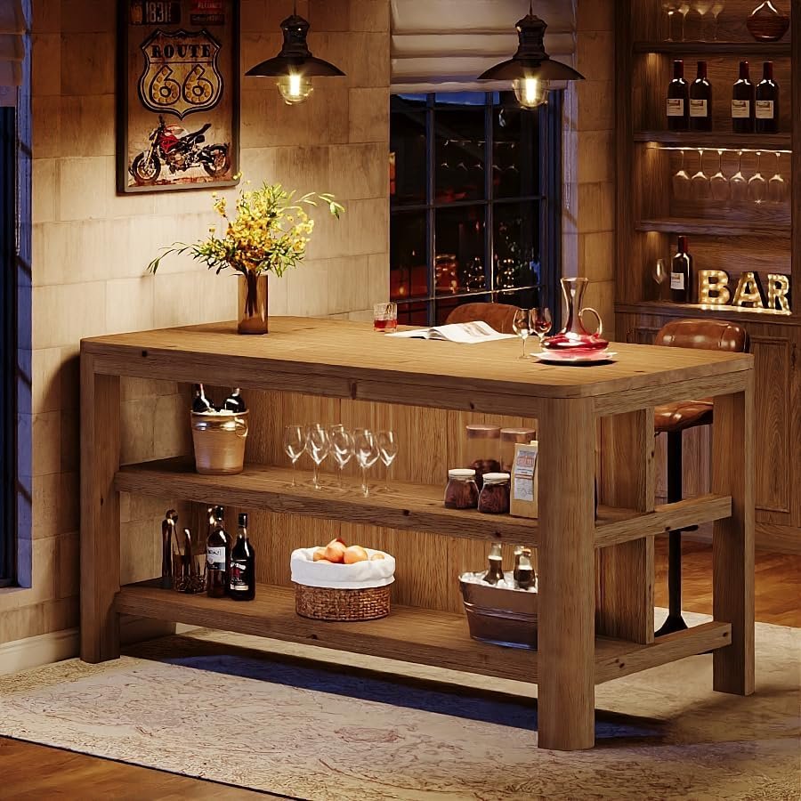 Solid Wood Bar Table, 63" Counter Height Pub Table with Storage Shelves