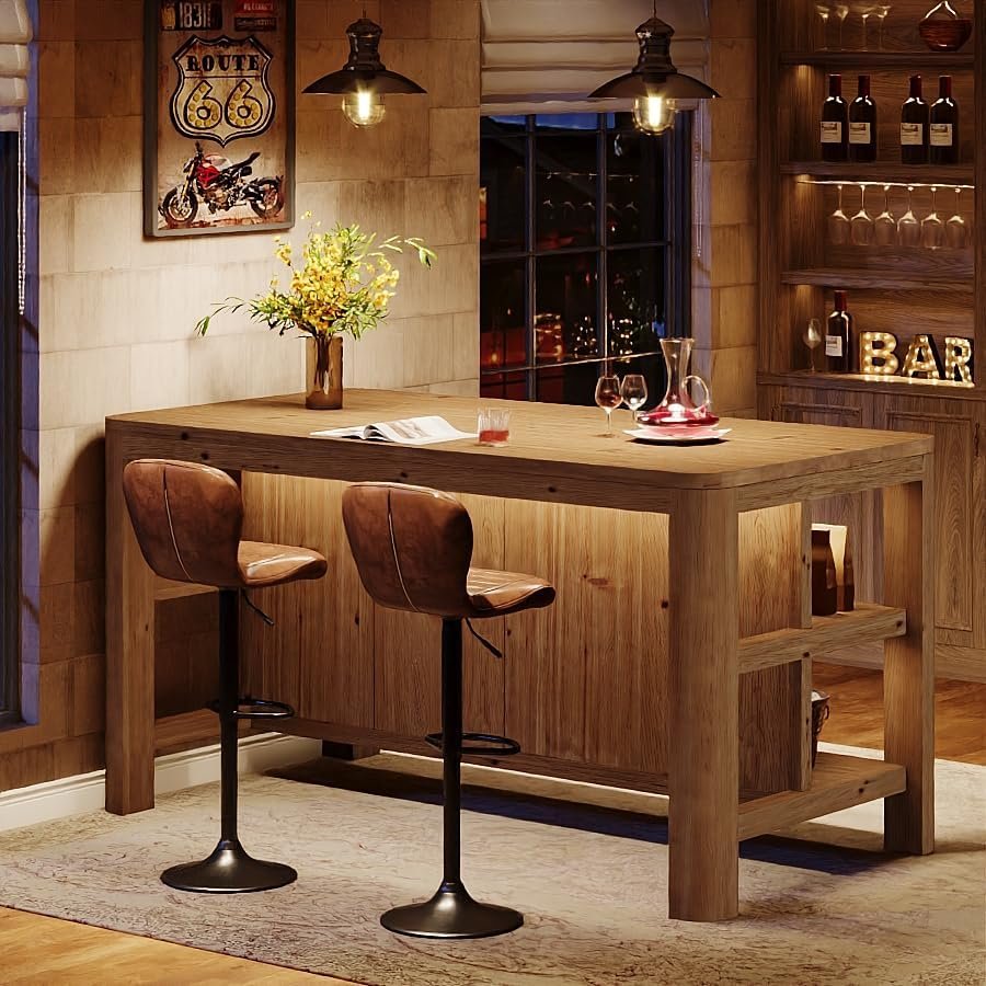 Solid Wood Bar Table, 63" Counter Height Pub Table with Storage Shelves