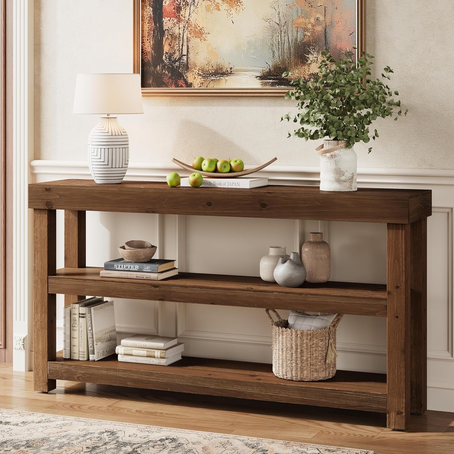 3-Tier Solid Wood Console Table, 63" Narrow Sofa Table Behind The Couch