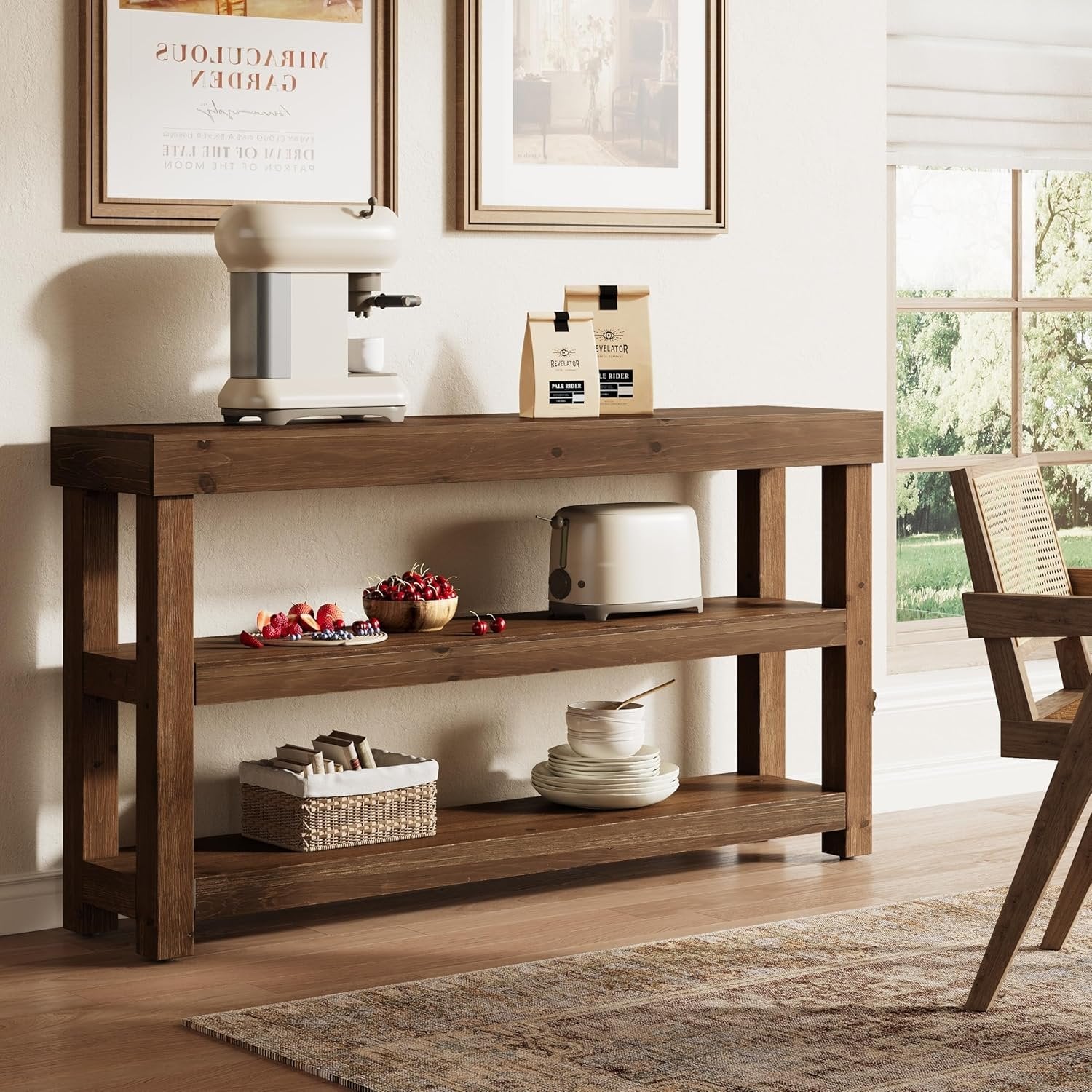 3-Tier Solid Wood Console Table, 63" Narrow Sofa Table Behind The Couch