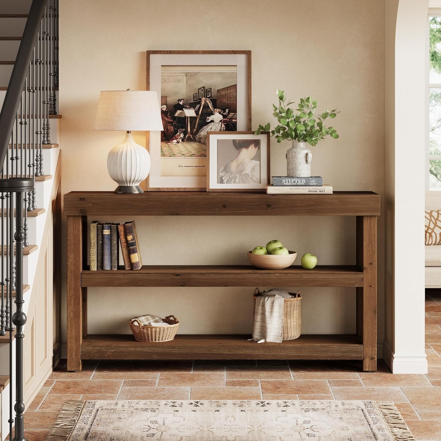 3-Tier Solid Wood Console Table, 63" Narrow Sofa Table Behind The Couch