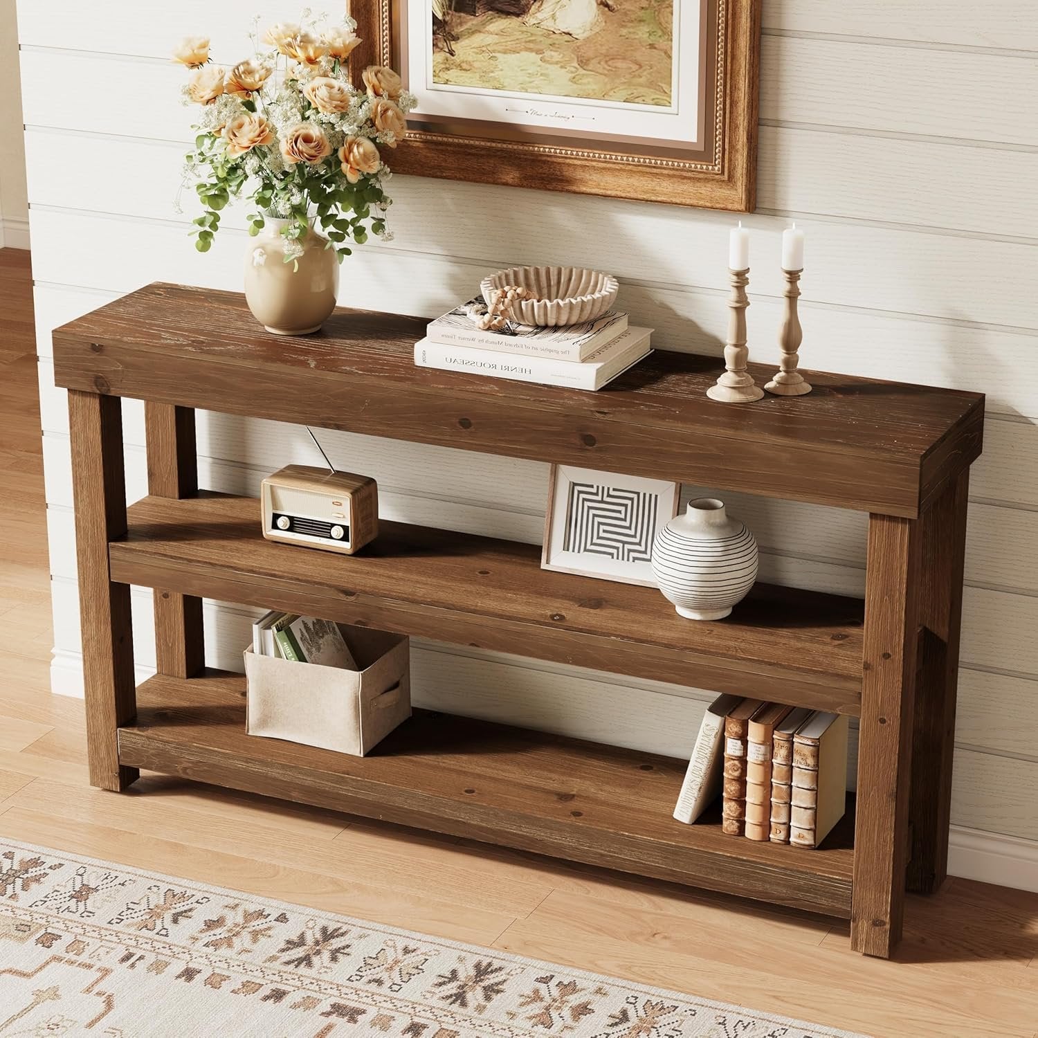 3-Tier Solid Wood Console Table, 63" Narrow Sofa Table Behind The Couch