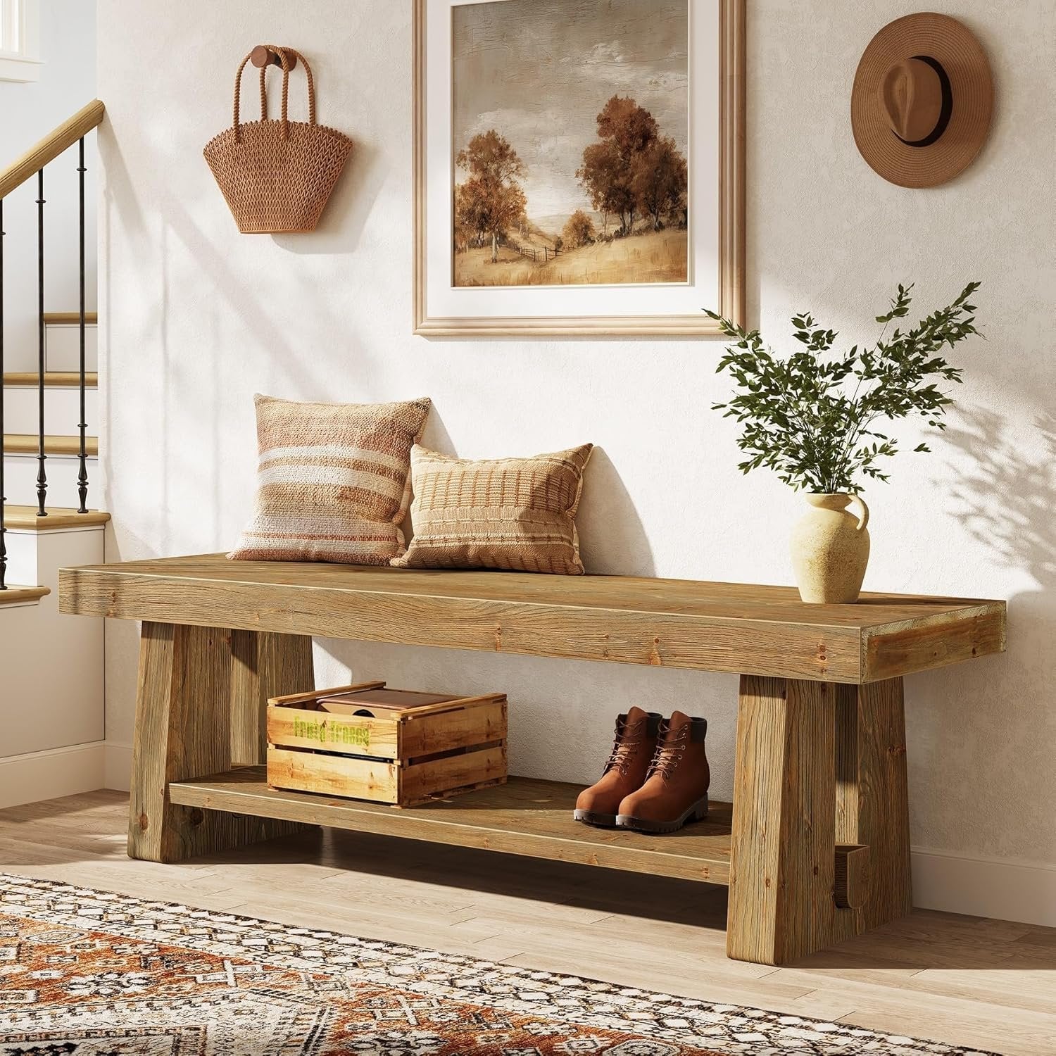 63" Solid Wood Farmhouse Bench with Open Shelves, 2-Tier Shoe Storage Bench for Hallway & Bedroom
