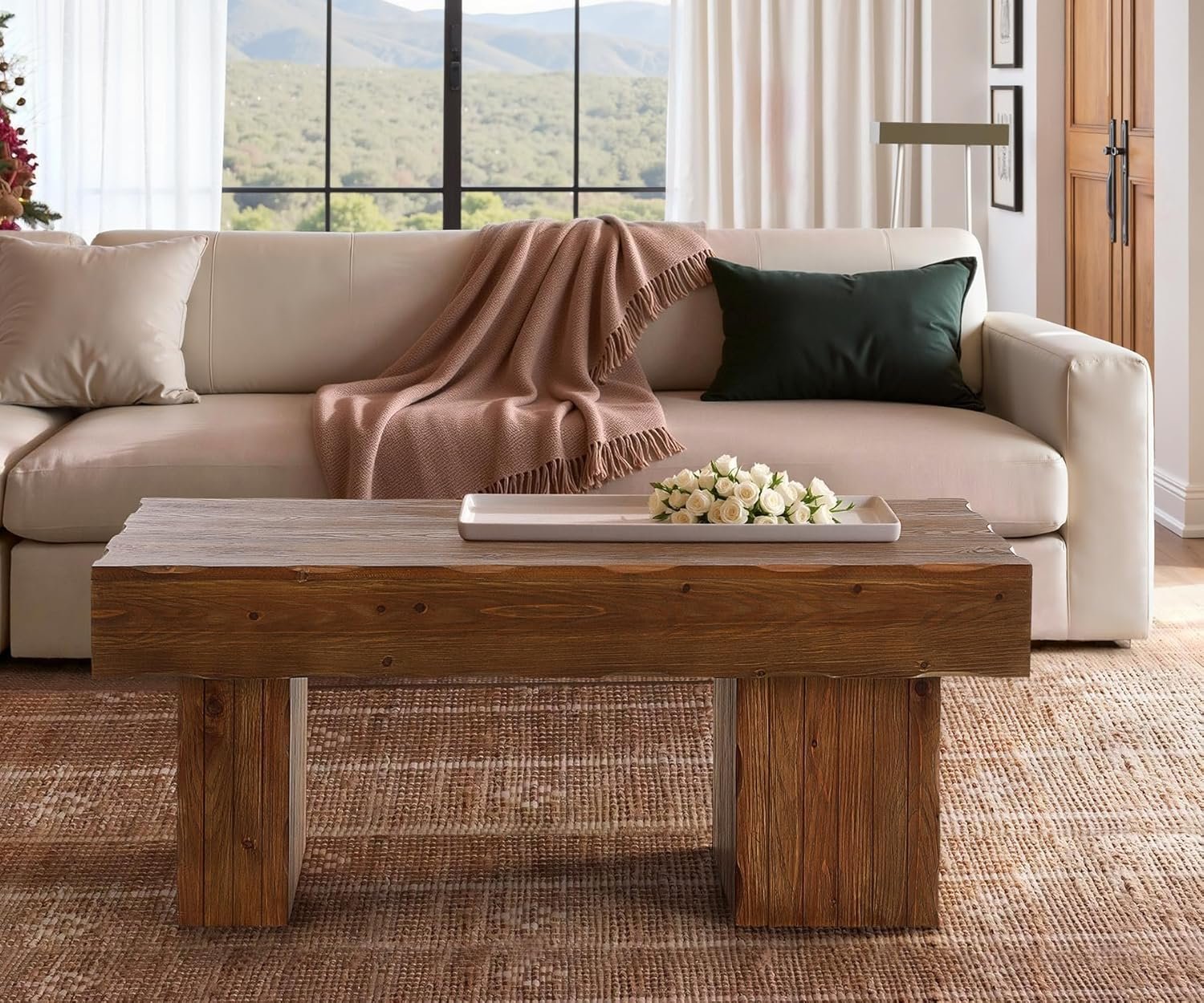 Solid Wood Coffee Table, 47" Farmhouse Center Table with Thick Base