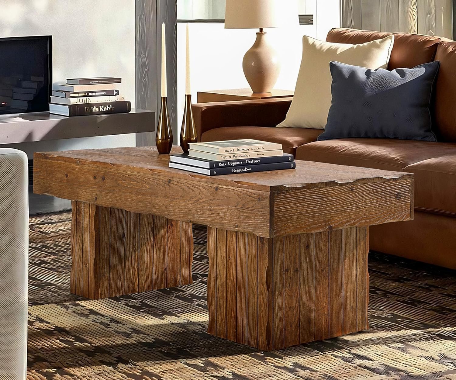 Solid Wood Coffee Table, 47" Farmhouse Center Table with Thick Base