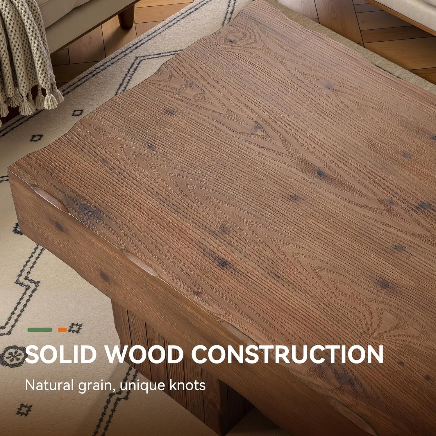 Solid Wood Coffee Table, 47" Farmhouse Center Table with Thick Base