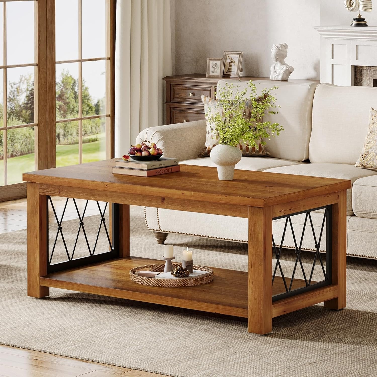 Rectangular Solid Wood Coffee Table, 47" Center Tea Table with 2-Tier Shelf