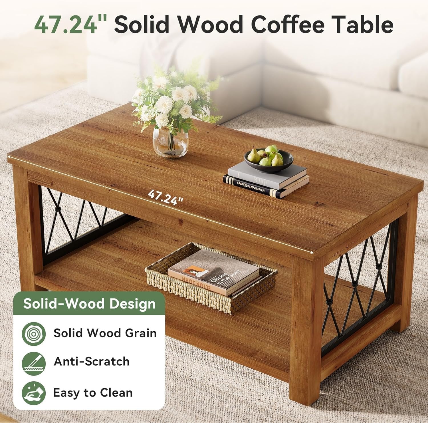 Rectangular Solid Wood Coffee Table, 47" Center Tea Table with 2-Tier Shelf