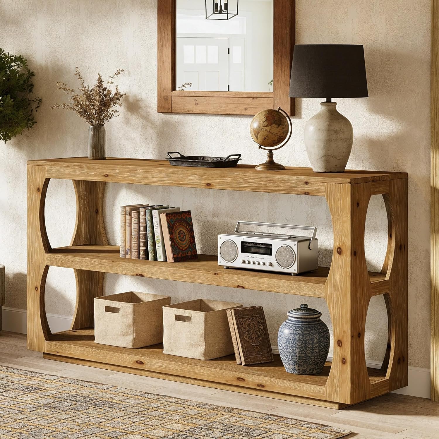 63" Solid Wood Console Table, Farmhouse Narrow Entryway Sofa Table with 3-Tier Storage