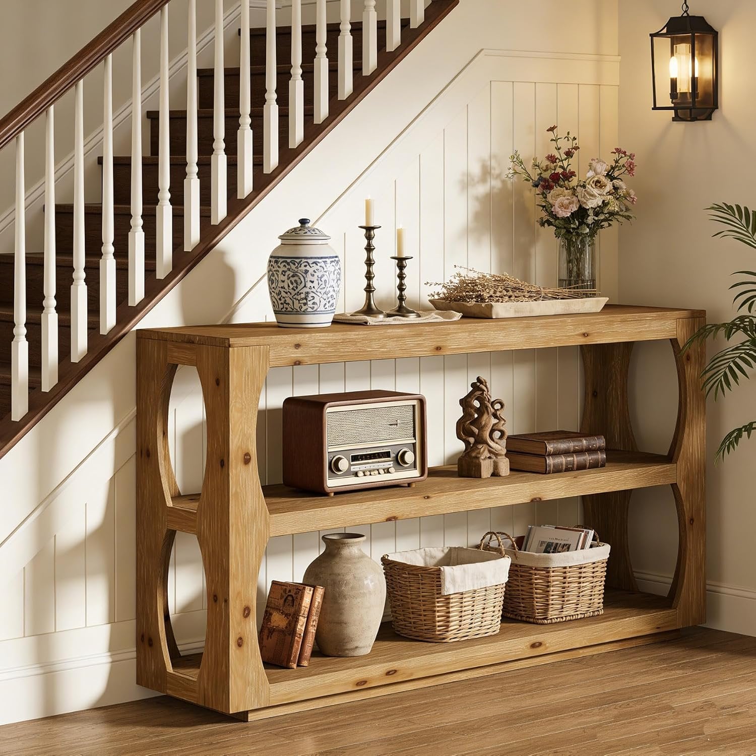 63" Solid Wood Console Table, Farmhouse Narrow Entryway Sofa Table with 3-Tier Storage