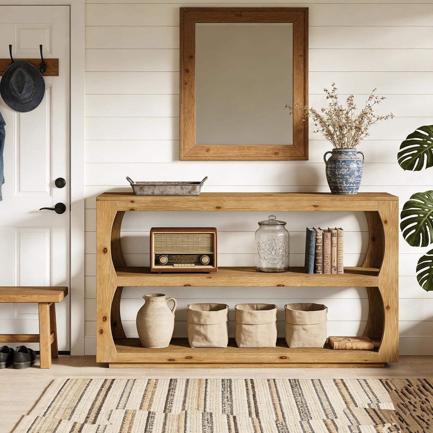 63" Solid Wood Console Table, Farmhouse Narrow Entryway Sofa Table with 3-Tier Storage