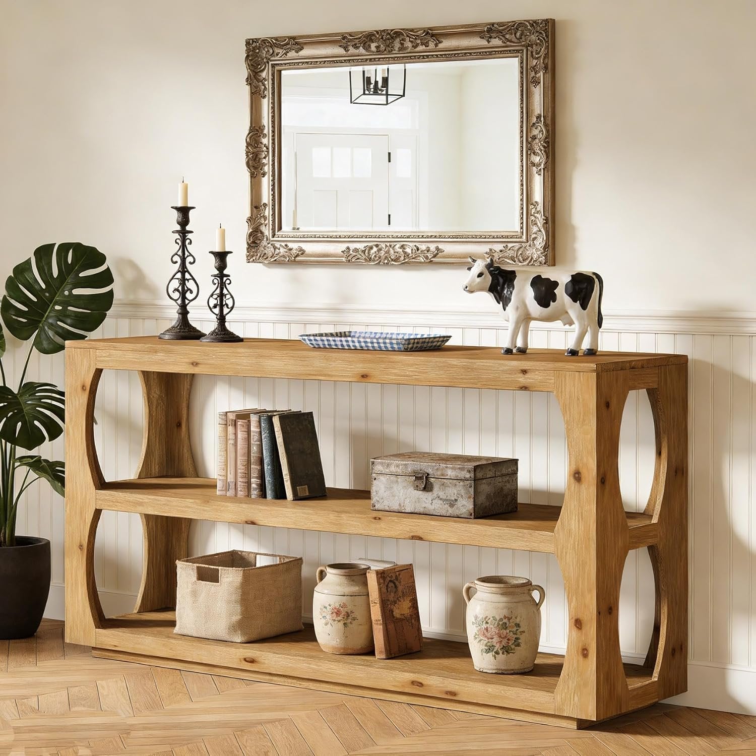 63" Solid Wood Console Table, Farmhouse Narrow Entryway Sofa Table with 3-Tier Storage