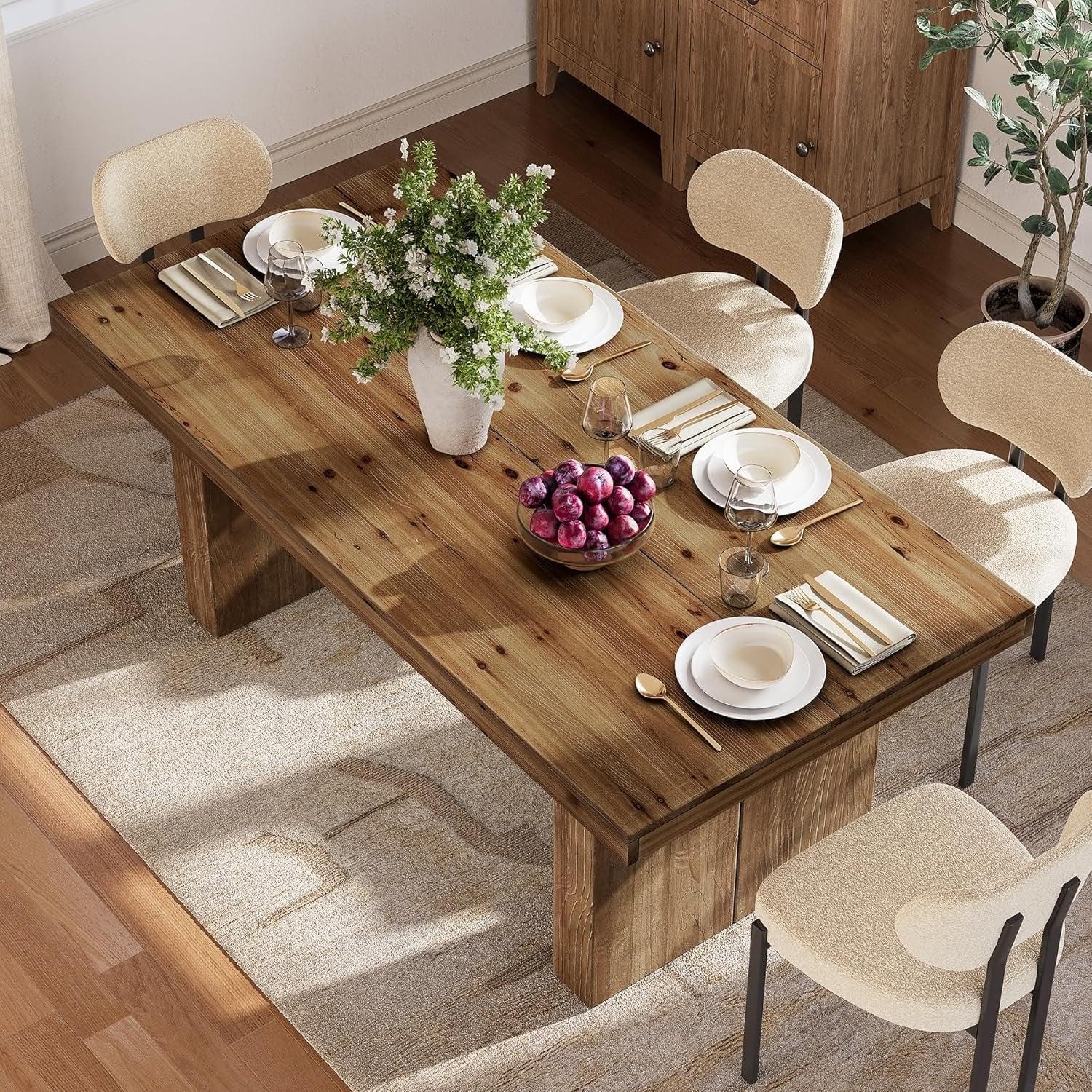 63" Rectangle Dining Table, Farmhouse Solid Wood Kitchen Dinner Table for 4-6 People