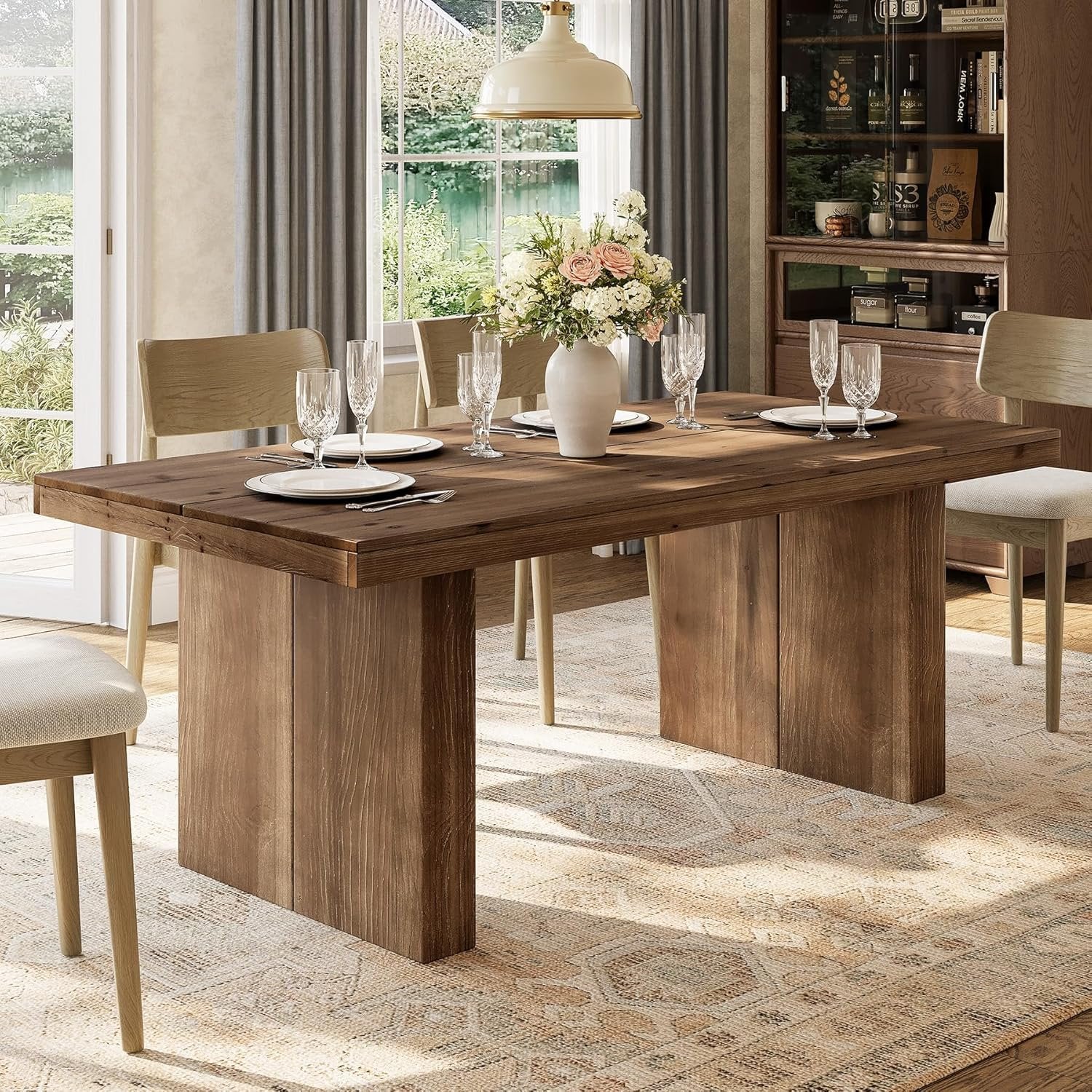 63" Rectangle Dining Table, Farmhouse Solid Wood Kitchen Dinner Table for 4-6 People