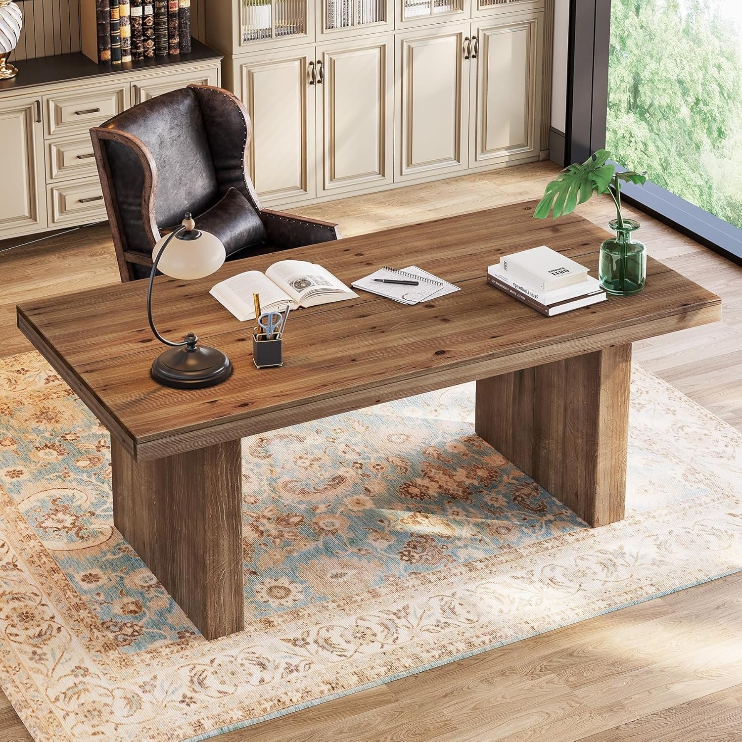 63" Solid Wood Executive Desk, Farmhouse Large Computer Desk with Sturdy Legs