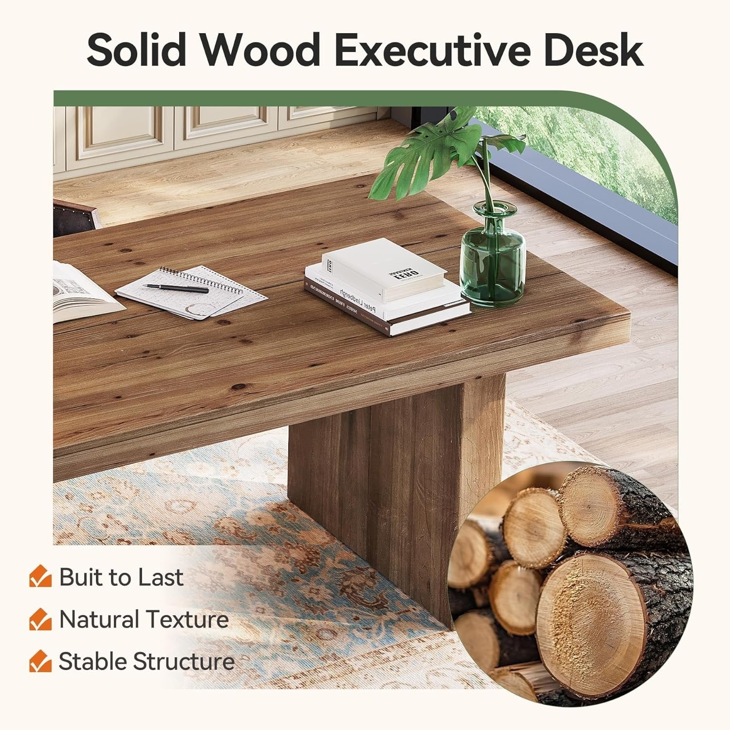 63" Solid Wood Executive Desk, Farmhouse Large Computer Desk with Sturdy Legs