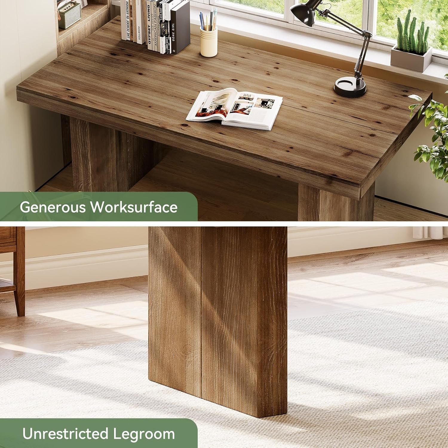 63" Solid Wood Executive Desk, Farmhouse Large Computer Desk with Sturdy Legs