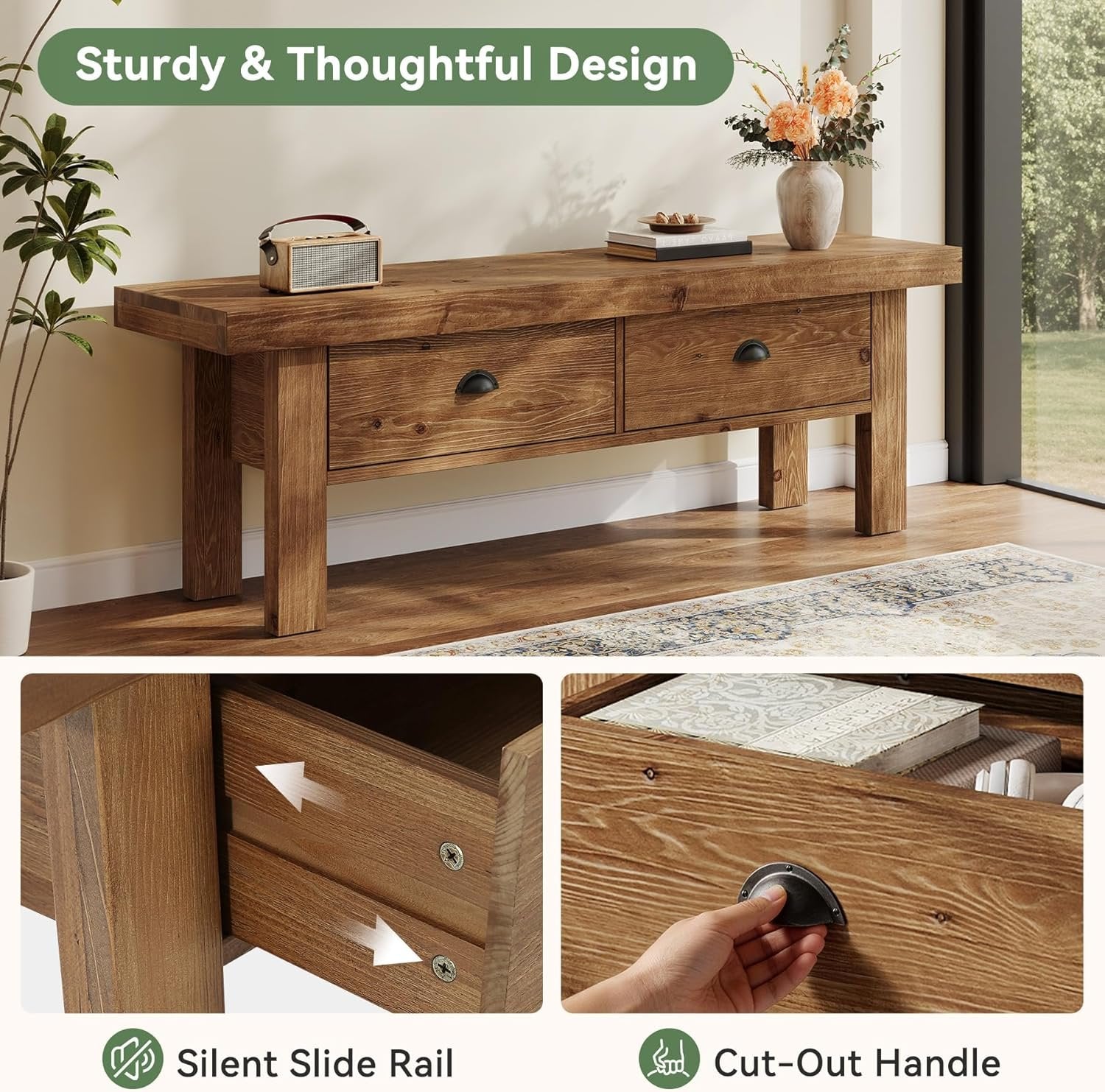 55" Solid Wood Entryway Bench, Farmhouse Long Bench End of Bed Stool with 2 Drawers
