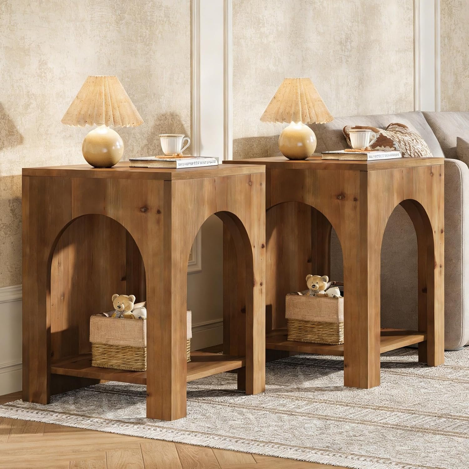 2-Tier End Table, Farmhouse Square Side Table with Arch Design