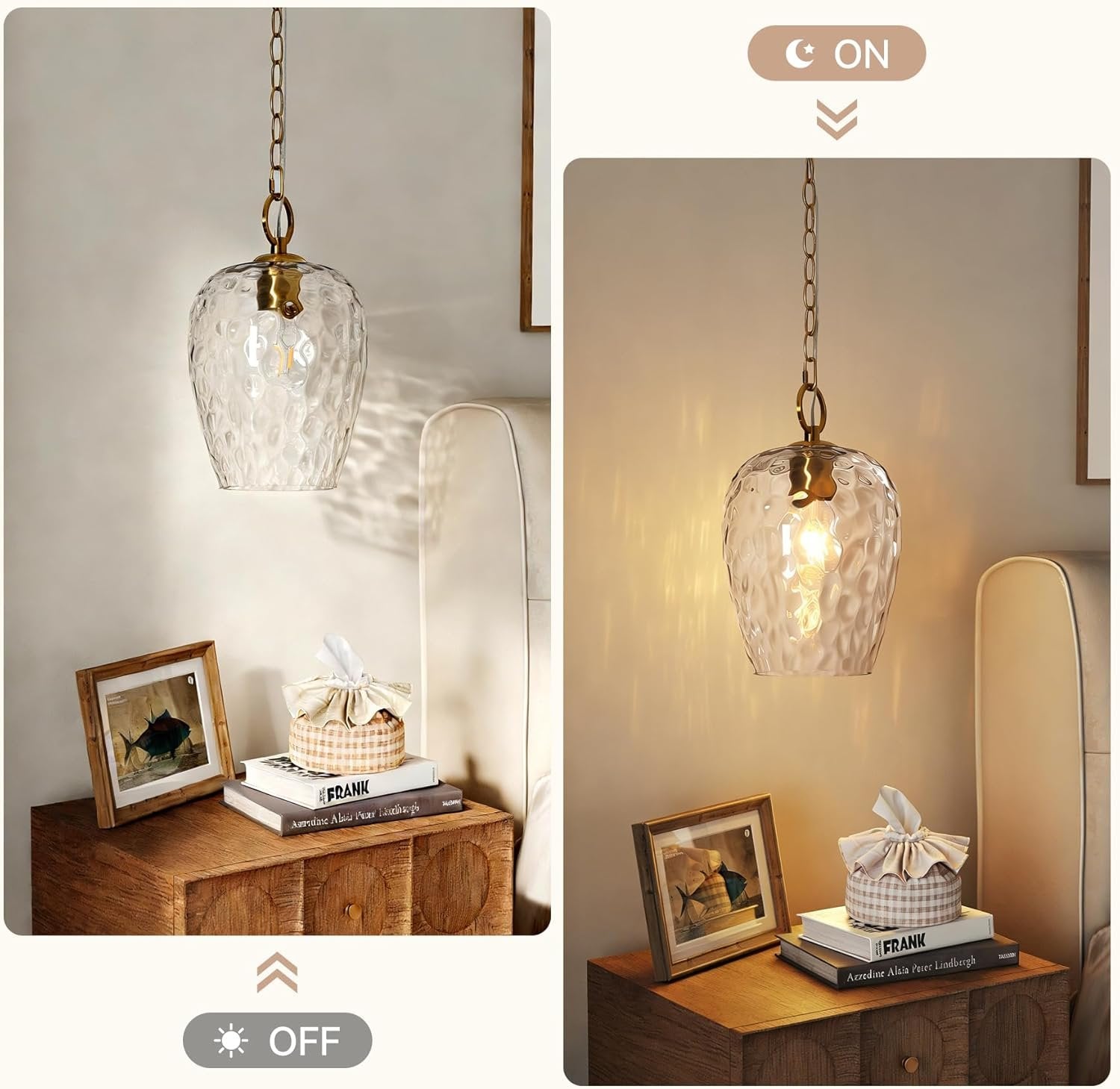 Hammered Glass Pendant Light, Rippled Hanging Light with Adjustable 60-Inch Chain