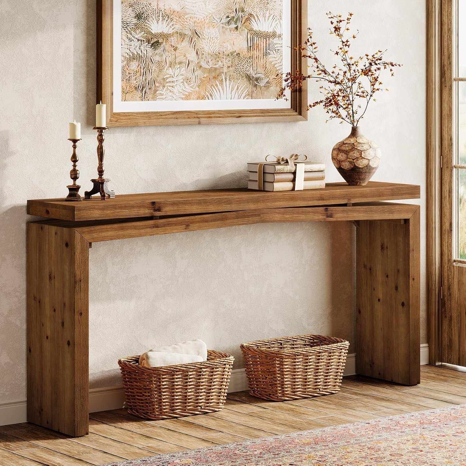 63" Solid Wood Farmhouse Console Table with 2-Tier Shelf, Long Sofa Table for Entryway, Living Room, or Behind Couch