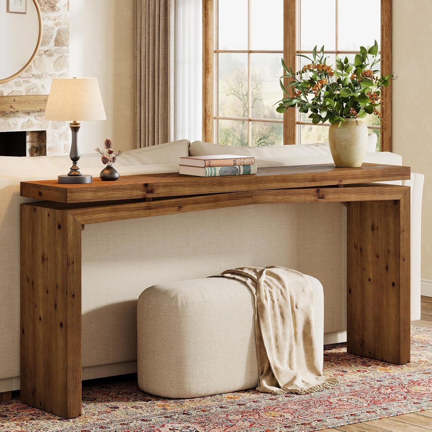 63" Solid Wood Farmhouse Console Table with 2-Tier Shelf, Long Sofa Table for Entryway, Living Room, or Behind Couch