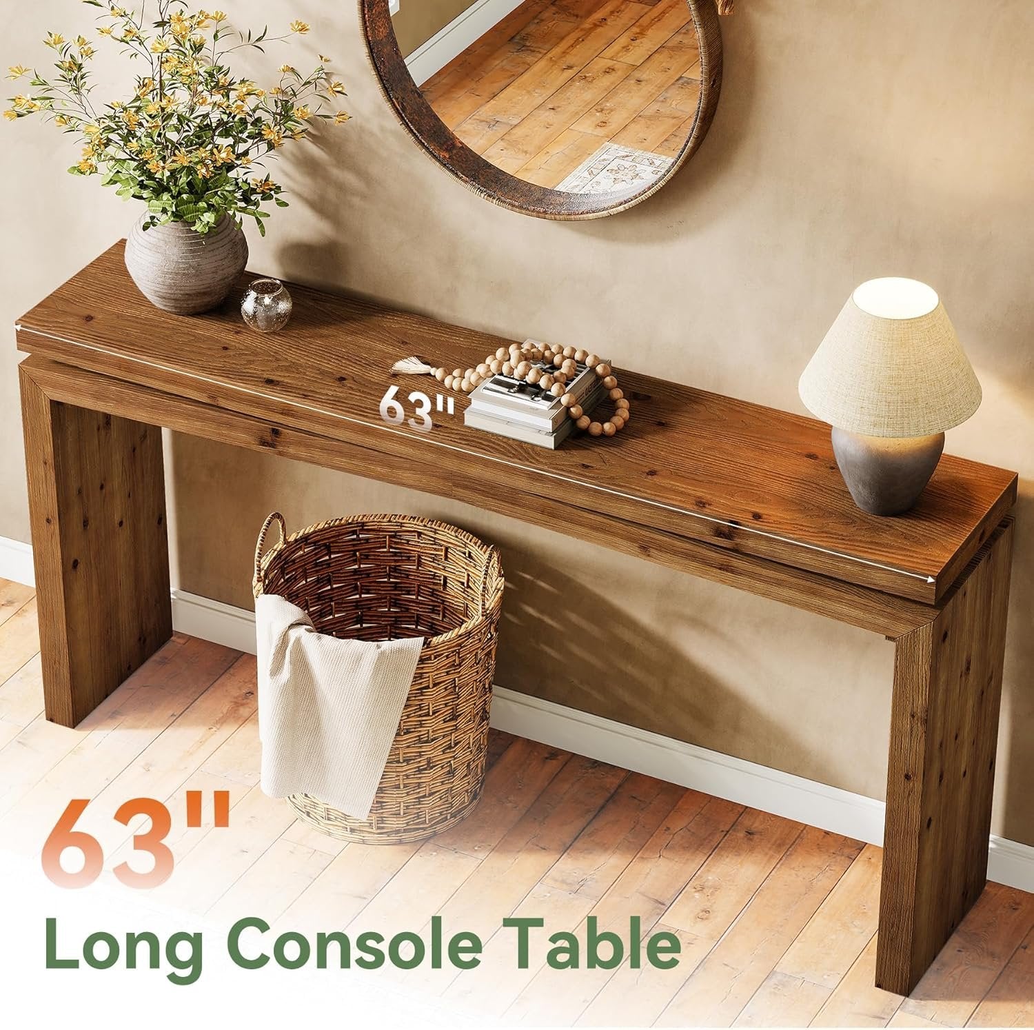 63" Solid Wood Farmhouse Console Table with 2-Tier Shelf, Long Sofa Table for Entryway, Living Room, or Behind Couch