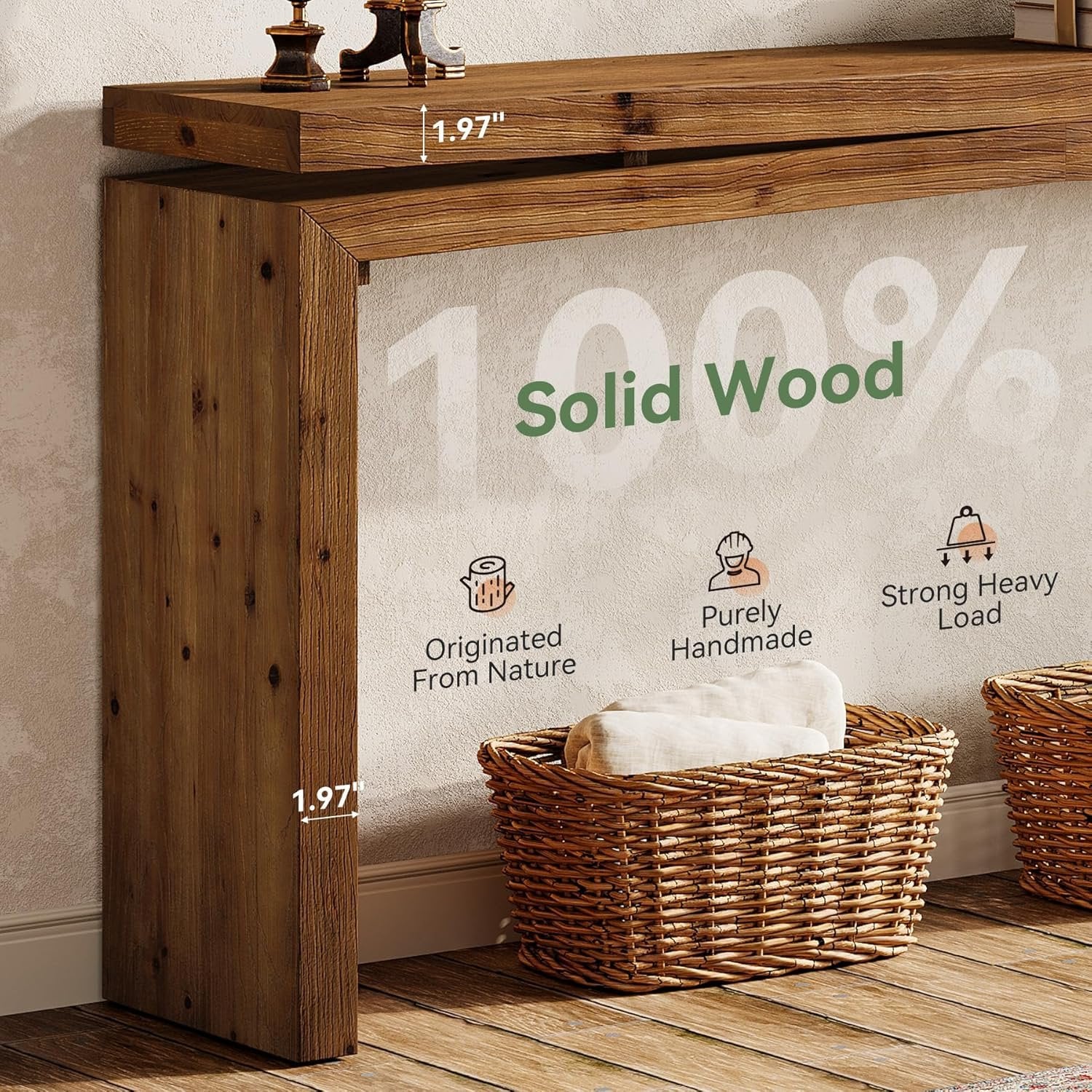 63" Solid Wood Farmhouse Console Table with 2-Tier Shelf, Long Sofa Table for Entryway, Living Room, or Behind Couch