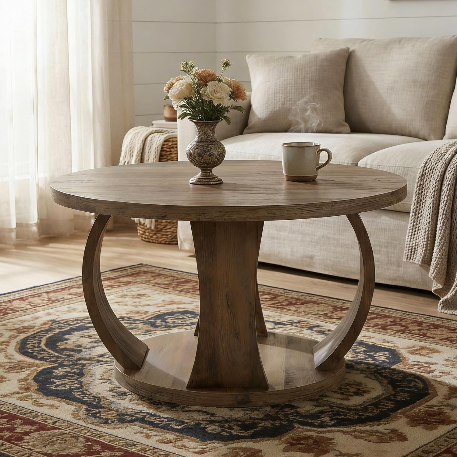 31.5" Round Coffee Table, 2-Tier Wooden Center Table with Storage