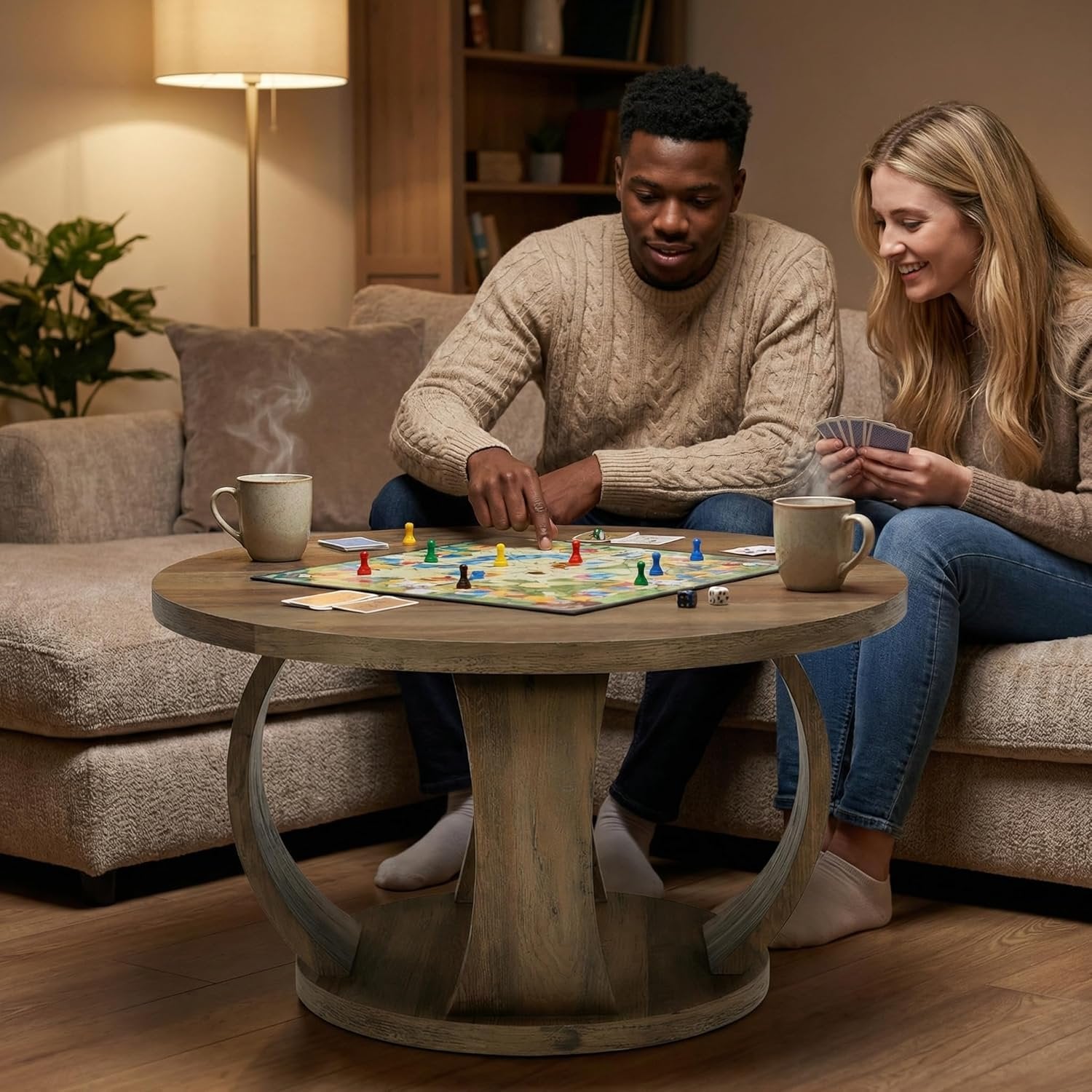 31.5" Round Coffee Table, 2-Tier Wooden Center Table with Storage